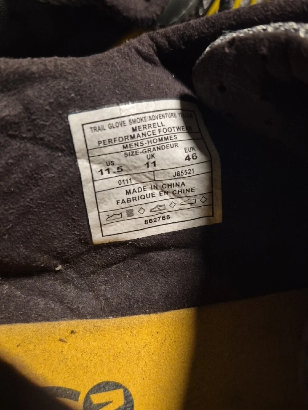 Merrell Brown and Yellow Trail Glove Insole View